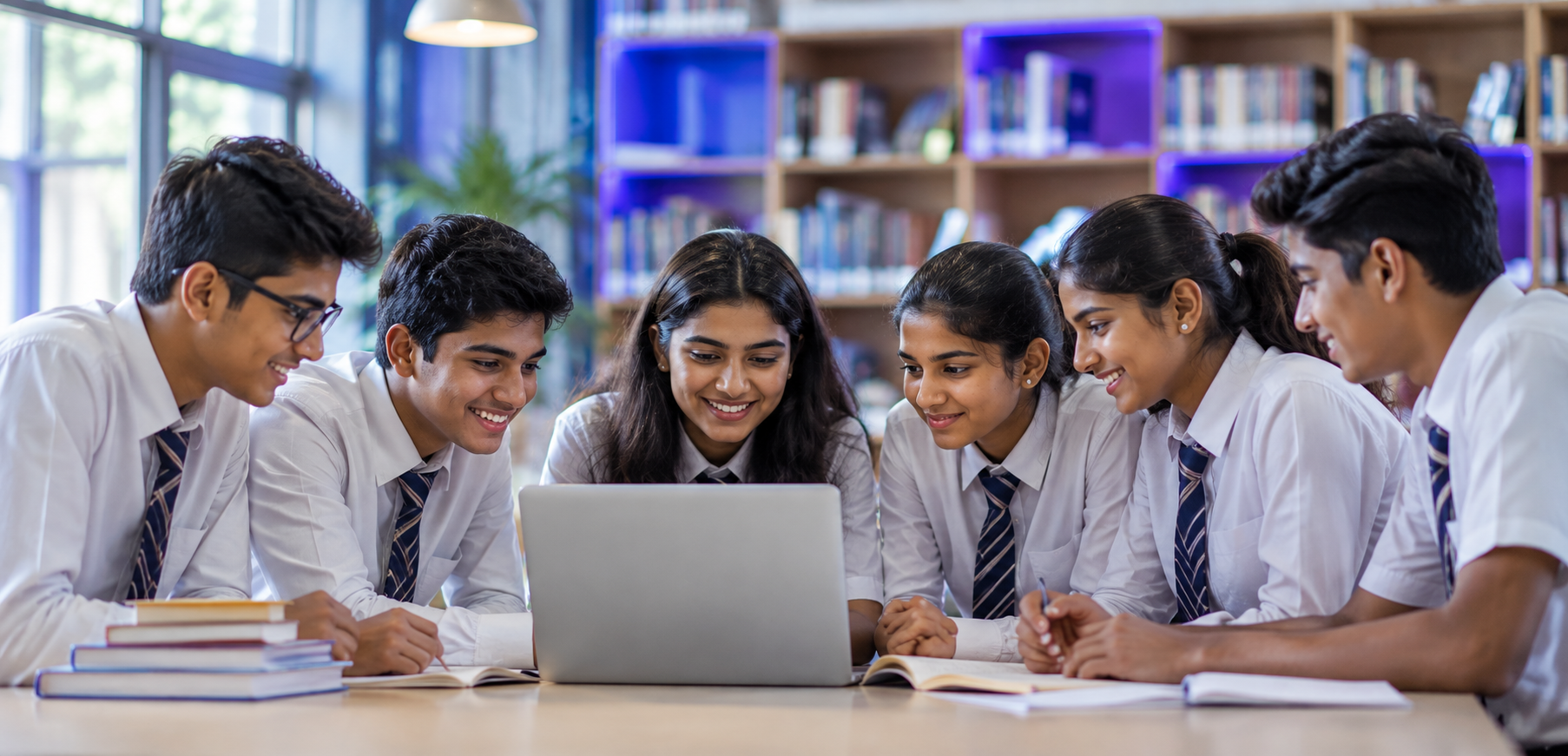 Group of school students studying together